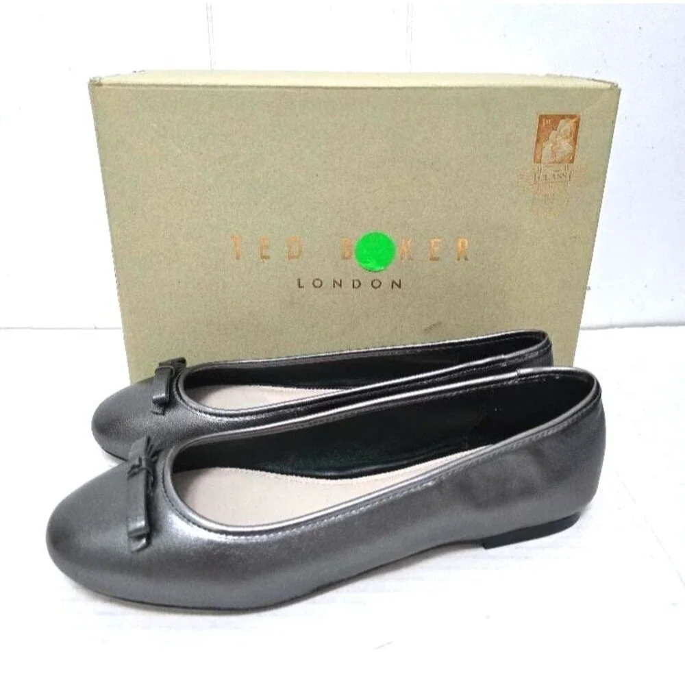 Ted Baker Gunmetal Leather Bow Ballerina Flat Shoe Women's Noraih 40 US 9.5
